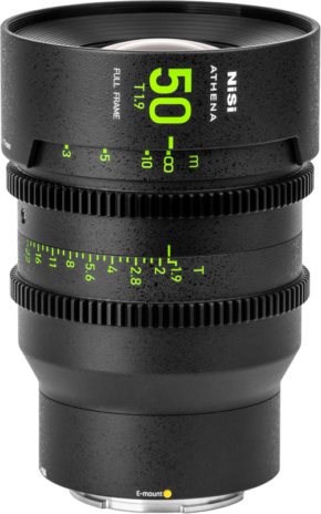 Black NiSi Cine Lens Athena Prime 50mm T1.9 E-Mount (without drop-in filter), full frame, with green markings, graduated scales, ribbed focus ring and E-mount marking on the bottom.