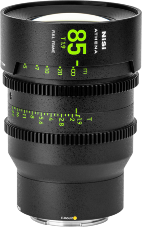 The NiSi Cine Lens Athena Prime 85mm T1.9 E-Mount (without drop-in filter) lens features green and white markings, geared focus and aperture rings and E-mount marking on the bottom with a white background.
