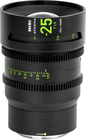 The NiSi Cine Lens Athena Prime 25mm T1.9 L-Mount lens is a black full-frame lens with green and white markings, gear rings for focus and aperture, and an L-mount indicator on the base.