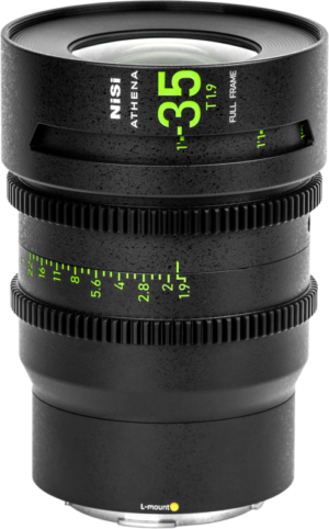 800q-01_126401 Close-up of NiSi Cine Lens Athena Prime 35mm T1.9 L-Mount lens with black textured body with green and white markings, upright against a light background.