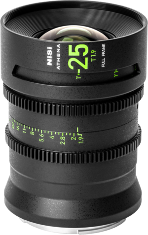 800q-01_126405 The NiSi Cine Lens Athena Prime 25mm T1.9 G-Mount lens stands upright on a light grey background and features a black body with green and white markings, ribbed focus rings and a distance scale.