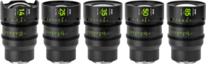 800q-01_126409 Viisi mustaa NiSi Cine Lens Athena Prime Set E-Mount -objektiivia (ilman pudotettavaa suodatinta) on sijoitettu vierekkäin, ja niissä on polttovälit 14mm, 25mm, 35mm, 50mm ja 85mm, ja niissä on näkyvät kelta-vihreät tarkennus- ja aukkomerkinnät.