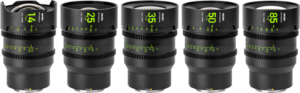 800q-01_126409 The five black NiSi Cine Lens Athena Prime Set E-Mount lenses (without drop-in filter) are arranged side-by-side, with focal lengths of 14mm, 25mm, 35mm, 50mm and 85mm, and have visible yellow-green focus and aperture markings.