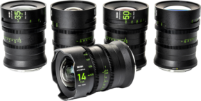 800q-01_126411 Viisi mustaa NiSi Cine Lens Athena Prime Set G-Mount (Without Drop-In Filter) -objektiivia, joissa on vihreät merkinnät, neljä pystyssä takana ja yksi 14 mm:n objektiivi pystysuorassa edessä, kaikki valkoisella pohjalla.
