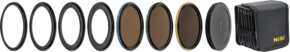 800q-01_126898 The white background shows a row of seven circular filters and one black rectangular NiSi housing for the NiSi Filter Swift System FS ND Kit (8+64+1000) 52-62mm grey filter.