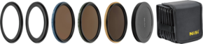 The NiSi Filter Swift System FS ND Kit (8+64+1000) 86/95mm grey filter includes a variety of filters, two empty filter rings, a lens cover and a black NiSi housing, arranged in a row on a white background.