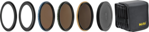 800q-01_126900 NiSi Filter Swift System FS ND Kit (8+64+1000) 86 / 95mm -harmaasuodin sisältää erilaisia suodattimia, kaksi tyhjää suodatinrengasta, linssinsuojuksen ja mustan NiSi-kotelon, jotka on järjestetty riviin valkoisella pohjalla.