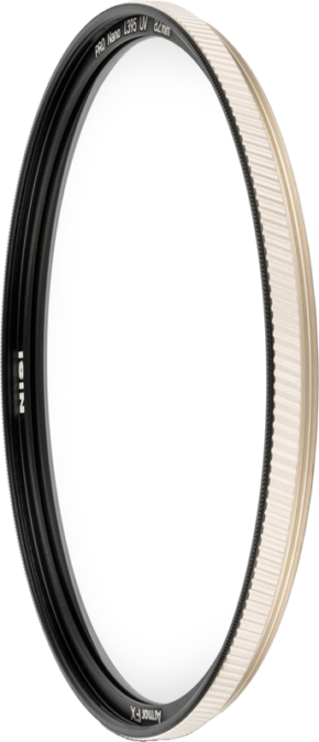 800q-01_126950 The NiSi Filter UV Armor FX Pro Nano L395 40.5mm is a circular camera lens filter with a black inner ring and textured metallic gold outer edge against a white background.