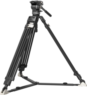 800q-01_127425 The SmallRig 4465 Pro Video Carbon Tripod Kit with AD-PRO8 Fluid Head, with adjustable feet, pan handle and stabilising spreader, is pictured on a flat surface against a white background.