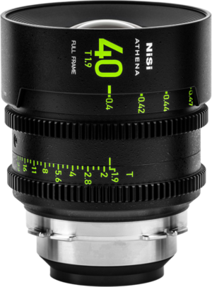 800q-01_127498 NiSi Cine Lens Athena Prime 40mm T1.9 PL-Mount lens with green markings and metal mount, against a white background.