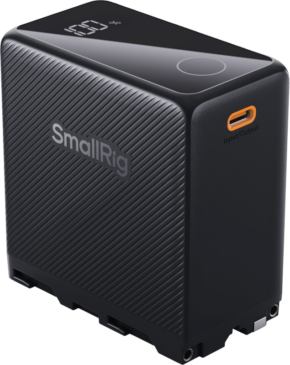 800q-01_127879 Mustassa SmallRig 4469 USB-C ladattavassa kameran akussa NP-F970 (musta) on kuvioitu sivu, latausprosenttia osoittava LED-näyttö yläosassa ja oranssi USB-C-sisääntulo-/ulostuloliitäntä etupuolella.