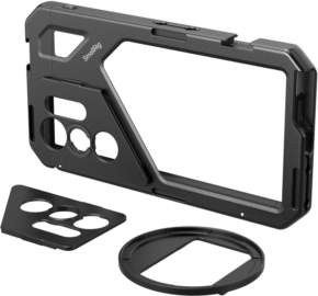 800q-01_128023 The SmallRig 4601 Samsung Galaxy S24 Ultra Cage Kit is a black metal smartphone cage with geometric cutouts and two removable lens mounts on the front, designed for mobile shooting and photography.