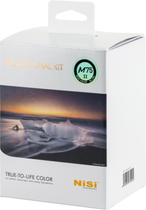 The white box, labelled NiSi Square Filter M75 II Professional Kit, features a landscape image of icebergs, a round green M75 II label and the words "True-to-life Color" at the bottom.