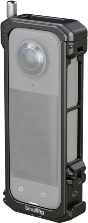 800q-01_128209 The SmallRig 4278 Cage for Insta360 X4 is a black metal cage designed to hold a compact, vertical 360-degree camera securely, with easily accessible control buttons and built-in screw mounts.