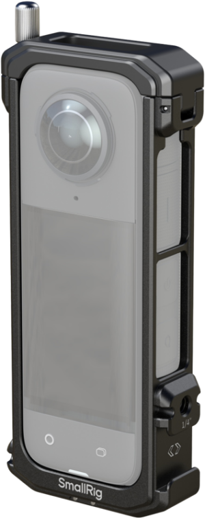 800q-01_128209 The SmallRig 4278 Cage for Insta360 X4 is a black metal cage designed to hold a compact, vertical 360-degree camera securely, with easily accessible control buttons and built-in screw mounts.