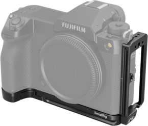 FUJIFILM GFX100S II with a black SmallRig 4716 L-shaped mounting plate attached, diagonally on a white background. The semi-transparent camera body shows the fit of the mounting plate.
