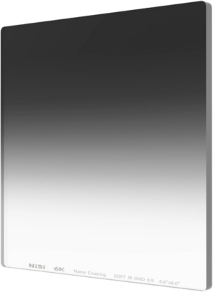 800q-02_107057 Rectangular NiSi Cine Filter Nano IR GND Soft 4x4" 0.3 graduated ND filter with a dark top that fades softly to bright at the bottom, and with a label at the bottom.
