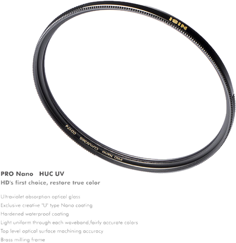 NiSi Filter UV Pro Nano Huc 52mm -UV suodinlinssisuodatin näkyy vaaleaa taustaa vasten, ja sen ominaisuudet, kuten UV-absorptio ja nanopinnoite, on lueteltu lyhyesti alla.