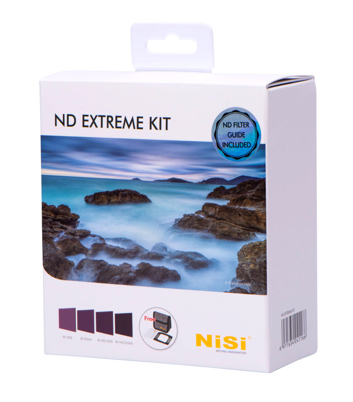 Valkoisessa laatikossa, jossa lukee NiSi Filter IRND Extreme Kit 100mm -suodinpaketti, on kallioinen merenranta, jossa on sumuista vettä, suodattimenäytteitä ja NiSi-logo oikeassa alakulmassa.