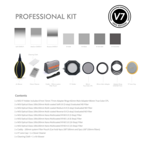800q-02_118717 Kuva NiSi Professional Kit 100mm System V7:stä, jossa on ilmapuhallin, puhdistusliina, kantopussi, V7-pidike, sovitinrenkaat, CPL-suodatin, ND-suodattimet, korkki, värinäytteet, sisällysluettelo ja värimalleja.