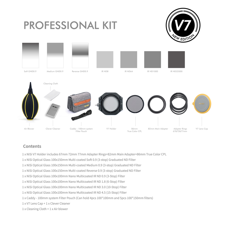 800q-02_118717 Kuva NiSi Professional Kit 100mm System V7:stä, jossa on ilmapuhallin, puhdistusliina, kantopussi, V7-pidike, sovitinrenkaat, CPL-suodatin, ND-suodattimet, korkki, värinäytteet, sisällysluettelo ja värimalleja.