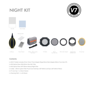 800q-02_118718 NiSi Night Kit 100mm System V7 -objektiivin mukana on objektiivin pidike, ilmapuhallin, puhdistusliina, objektiivipussi, CPL-suodattimet, sovitinrenkaat, objektiivin suojus, puhdistusaine ja väritähti. V7 New Edition -logo näkyy oikeassa yläkulmassa.