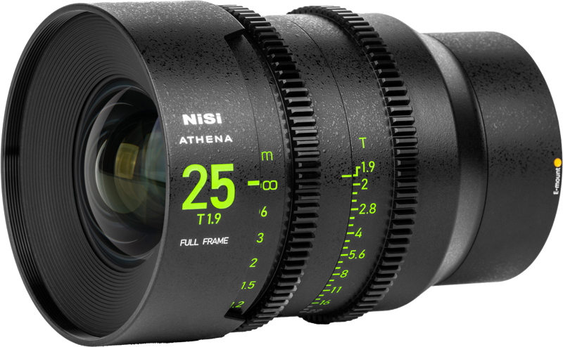 800q-02_126395 A close-up of the NiSi Cine Lens Athena Prime 25mm T1.9 E-Mount lens (without drop filter) shows the detailed focus and aperture markings in bright green on its black metal body.