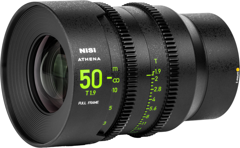800q-02_126397 NiSi Cine Lens Athena Prime 50mm T1.9 E-Mount (without drop-in filter), black full-frame lens with green markings, "50mm T1.9", focus and aperture scales and textured rings, shown on a light grey background.