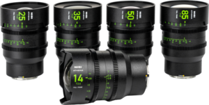 800q-02_126409 The NiSi Cine Lens Athena Prime Set E-Mount (without drop-in filter) is shown against a white background with four lenses (25mm, 35mm, 50mm, 85mm) standing upright and a 14mm lens lying in front. All have black housings with green markings.