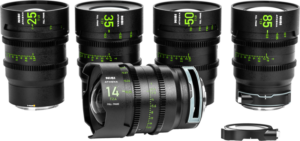 800q-02_126410 Viisi NiSi Cine Lens Athena Prime Set L-Mount -objektiivia, joissa on vihreät ja valkoiset merkinnät, on sijoitettu riviin, 14 mm:n objektiivi on vaakasuorassa edessä ja objektiivin kiinnityssovitin oikealla.
