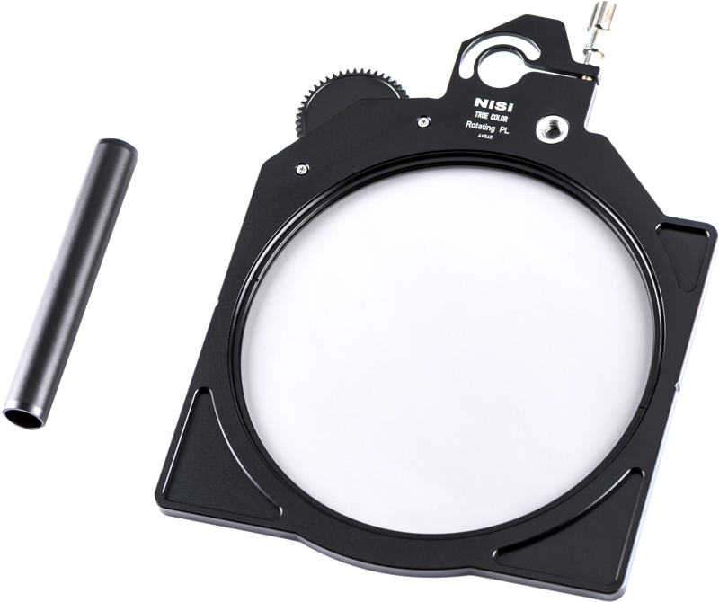 800q-03_119647 NiSi Cine Filter Rotating CPL TRUE COLOR 4x5.65" -levysuodin hammaspyöräsäädöllä ja erillinen lieriömäinen metallitanko näkyvät tavallisella valkoisella pohjalla.