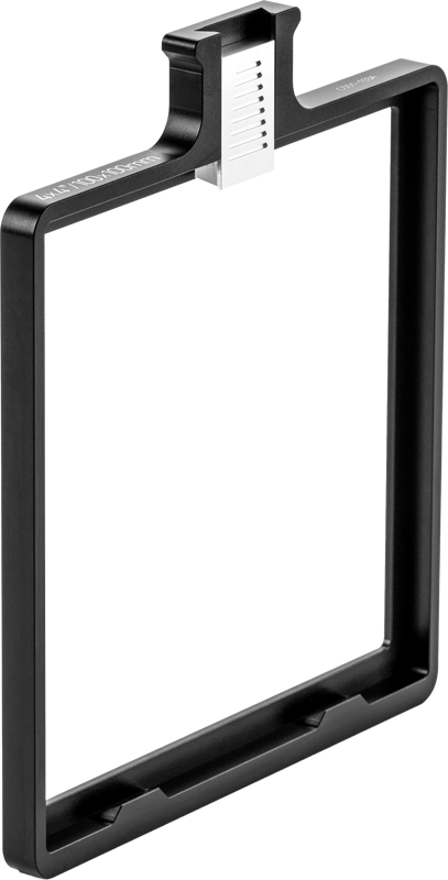 800q-03_122387 The NiSi Matte Box C5 Filmmaker Kit is a black rectangular plastic frame with a small white tab and a notched slider at the top, designed for attaching filters, shown against a white background.