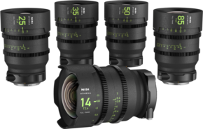 The NiSi Cine Lens Athena Prime 14mm T2.4 E-Mount lens is in the foreground among five black NiSi Athena lenses with green text, each of which is upright and has a different focal length (14mm, 25mm, 35mm, 50mm, 85mm).