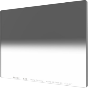 800q-107060 The rectangular NiSi Cine Filter Nano IR GND Hard 4x5.65" 0.3 disc filter has a gradient from dark grey at the top to light grey at the bottom, and its brand name is marked on the edge.