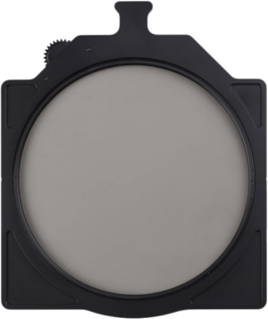 The NiSi Cine Filter Rotating CPL 6x6" plate filter is a black square lens filter holder featuring a round grey rotating filter with an adjustment wheel and a tab on top for precise adjustment.
