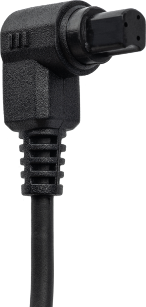800q-117174- Close-up of the NiSi Shutter Release Cable C2 for Canon, featuring a black rectangular connector with a textured grip and a flexible, ribbed pull release near the cable.