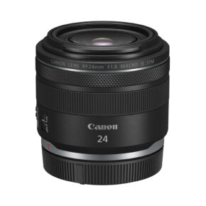 CanonRF24_004 The Canon RF 24mm f/1.8 Macro IS STM lens appears on a white background, highlighting its black design, Canon branding and lens details.