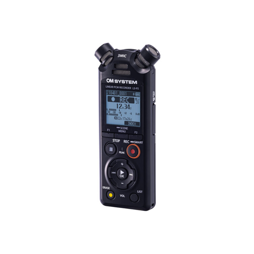 LS-P51 Black OM SYSTEM LS-P5 audio recorder A linear PCM recorder with digital display and buttons such as REC, STOP and MENU stands upright on a white background.