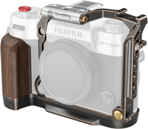 Smallrig4714_001 The Fujifilm X-T50 camera in the metal SmallRig 4714 Retro Cage with wooden grip is shown in a diagonal side view against a white background.