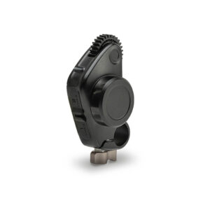 TILTA The Nucleus Nano II motor series, featuring a black mechanical construction with a round dial, toothed top gear and metal chassis mount, is illustrated against a white background.