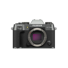 X-T50CS Front view of Fujifilm X-T50 system camera, grey showing the sensor and several adjustment dials on the black and silver camera body, without lens attached.