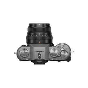 X-T50CS1 Fujifilm X-T50 system camera, top-down view of the grey metal body with black lens, ISO, shutter speed and exposure compensation dials and hot shoe mount in the centre.