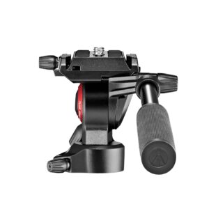 manfrotto_400ah Manfrotto MVH400AH on musta videostatiivipää, jossa on ohjauskahva, säätönupit ja pikakiinnityslevy kameran vakaata kiinnitystä ja sulavaa liikettä varten.