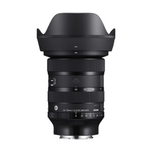 sigma_24-70mm_dn_ii_01 The Sigma 24-70mm f/2.8 DG DN II Art lens (Sony E, €200 cashback) stands upright against a white background, with its large zoom and focus rings and petal-shaped hood attached.