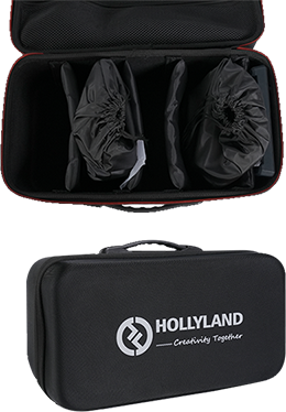 800q-01_119728 Hollyland Solidcom C1 (Pro) Carry Case for 2 & 3 Headset Systems on esitetty avattuna, kun laitteet on pakattu siististi suojakoteloihin, ja suljettuna, ja sen päällä on Hollylandin logo ja "Creativity Together".