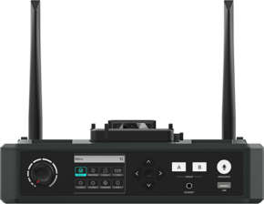 The Solidcom C1 HUB Base is a black electronic device with two antennas, a display, several buttons, a left-hand dial, central directional arrows and headphone and USB ports on the front panel.