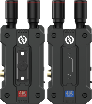 Two black HOLLYLAND MARS 4K devices with a robust design and two top antennas stand side by side - one with "4K transmitter" in red and the other with "4K receiver" in blue. Both allow 450FT 4K UHD wireless video transmission.