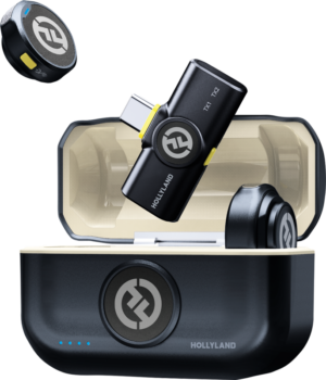 800q-01_126986 The HOLLYLAND LARK M2 USB-C is a wireless lavalier microphone set in Shine Charcoal with two microphones, a charging case with LED lights, a USB-C plug and the Hollyland logo. When opened, the case reveals the headphones and the interior.