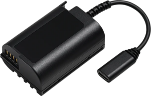 Panasonic BLK22 Dummy Battery USB-C, a black rectangular adapter with metal contacts at one end and a USB-C cable connected to it, is shown on a white background.