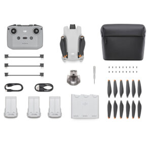 The DJI Mini 3 + RC-N1 Controller + Fly More Combo includes the drone, remote control, three batteries, charging hub, carrying case, spare propellers, screwdrivers, screws, USB cables and connecting wires arranged on a white background.